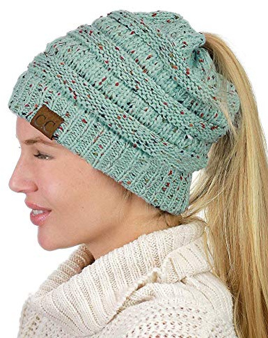 ZiXing Pferdeschwanz Mütze Damen Mädchen Winter Warme Strickmütze Beanie Cap mit Loch für Zopf Blau OneSize