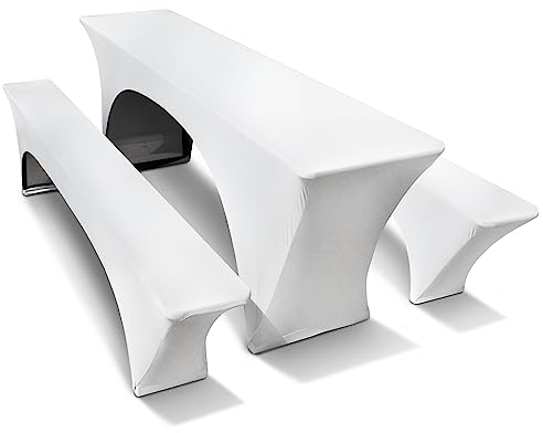 TEXMAXX® Stretch-Husse-Bierzeltgarnitur 3-teiliges Set - 70 cm x 220 cm in Weiß, 2 Bierbank- und Biertisch-Auflagen