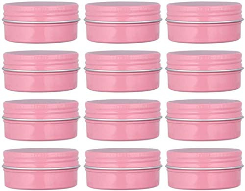 Healthcom 12 Pack 2 Oz Pink Round Aluminum Tin Cans Metal Steel Tins with Screw Top Lids Travel Storage Tins Cosmetic Sample Containers Jars for Lip Balm Salve Spice Candies Crafts Tea(60ml)