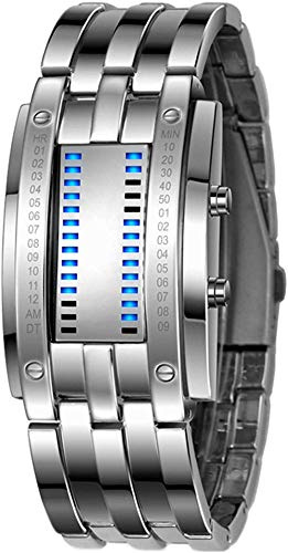 Gosasa Men's Digital Watch Binary Time LED Display 50M Waterproof Alloy Band Creative Sport Army Wristwatches (Silver)