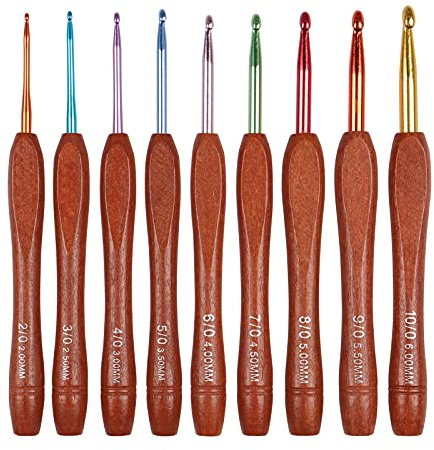 Coopay Bunte Holzgriff Häkelnadel Set, 9 Stück Ergonomische Metall Häkelnadeln mit Holzgriff für Arthritische Hände, Leichte Häkelnadeln Set für Anfänger und Kinder, HäkelnadelSet 2,0 mm - 6,0 mm