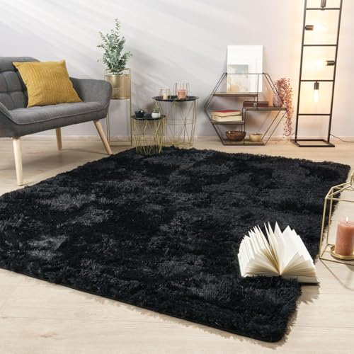 TT Home Teppich Wohnzimmer Hochflor Langflor Weich Soft Modernes Einfarbiges Design, Farbe: Schwarz, Größe:160x220 cm