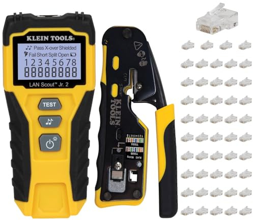 Klein Tools 80072 - Kit de comprobador de cables RJ45 con LAN Scout Jr. 2, crimpadora/pelador/cortador y hoja de datos modular Pass-Thru
