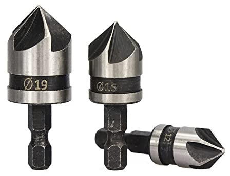 3 pz Acciaio Al Carbonio 90 Gradi Gambo Rotondo Smusso a Cinque Bordi 12/16/19mm Svasatore Lavorazione Del Legno Foro Opene Punzonatura Utensili A Mano Set