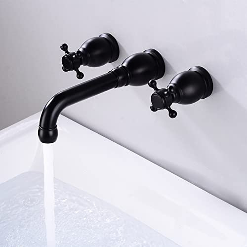 Mitigeur Lavabo Poignée Double Pivotant 360° Robinet Lave Main Trois Trous Mitigeur Salle de Bains Vintage pour Salle de Bain,Rétro Noir-Mural