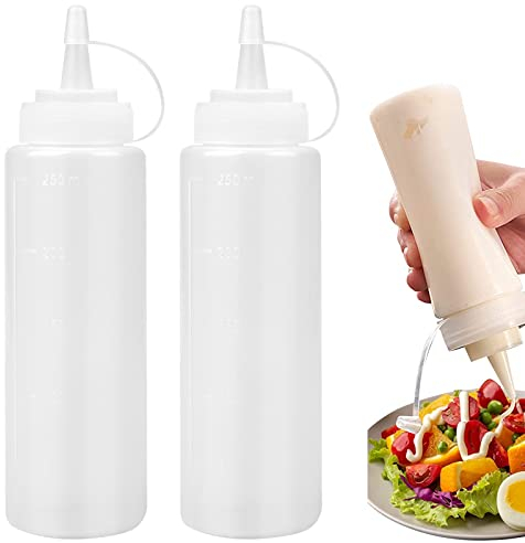 Naapesi 2 Stück Plastik Squeeze Flasche, Quetschflasche Mit Kappen, 8oz Kein Leck Condiment Flaschen für Malen,Backen,Ketchup,scharfe Soße,Olivenöl, Saucenflasche(Transparent, 250ML)