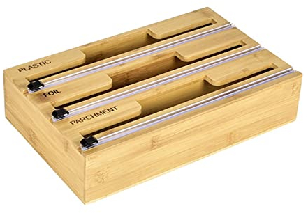 JUMM Food Wrap Dispenser 3 In 1 | Bamboo Aluminum Foil Parchment Dispenser with Cutter and Labels | Aluminum Foil Parchment and Fresh-Keeping Bag Dispenser for Kitchen Drawer,Wood Color