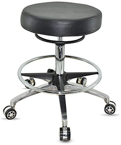 VAKON SALON - Design Rollhocker auf Rollen Schwarz - Höhenverstellbarer von 55 bis 75 cm mit Fußring - Drehhocker Arbeitshocker Praxishocker