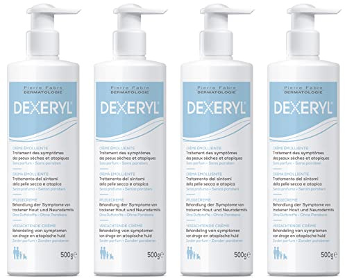 Dexeryl® Pflegecreme bei trockener Haut und Neurodermitis, 4 x 500 g | Spendet Feuchtigkeit, regeneriert Hautbarriere, hilft Ekzemläsionen bei atopischer Haut vorzubeugen, parfümfrei, parabenfrei
