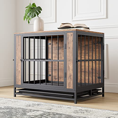 HOJINLINERO Indoor Hundekäfig hochbelastbar,Hundebox Holz im Möbelstil mit 2 Türen und abnehmbarem Tablett -Hundehütte Indoor Haustierkäfig für kleine/mittelgrosse Hunde, 70x51x60.5cm,Schwarz