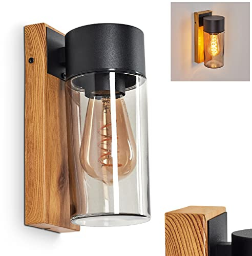 HOFSTEIN Außenwandleuchte Tabary, Außenwandlampe aus Metall/Glas in Schwarz/Holzoptik/Rauch, moderne Wandleuchte Down im Retro/Vintage/Industrial-Design, E27, IP44, Eingangsbereich, Haustür, Terrasse