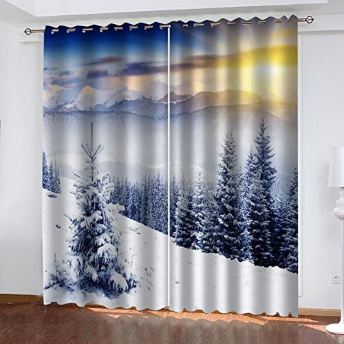 Vorhang Blickdicht Ösen Thermo Verdunkelungs Polyester Gardinen 2 Stück 3D Weiße Waldschneeszene Für Schlafzimmer Wohnzimmer Kinder Oder Babyzimmer 280(B) X250(H) cm - Bedruckte Verdunkelungsvorhänge