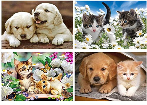 DCIDBEI Diamond Painting 4er Set 40x30 cm Diamond Painting Katze Lustig Stickerei Set Malen nach Zahlen Hund Labrador Diamant Painting Hund und Katze Stickerei Kreuzstich Hundewelpen Tiere