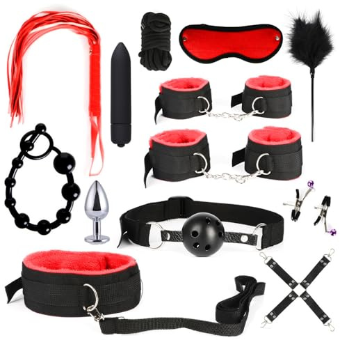 BDSM Sex Bondage Set 13 Stück Sexspielzeug für Paare Extrem Sex ondageset Fessel Set Handschellen Peitsche Nippelklemmen Knebel Analplug Set für Anfänger und Erfahrene Paare