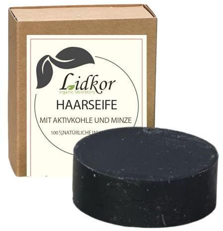 LIDKOR Schwarze Haarseife mit Aktivkohle & Pfefferminzöl 80g | Festes Shampoo mit Kokosöl & Rizinusöl - Vegane Haarpflege für Damen und Herren - Plastikfreie Alternative