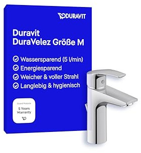Duravit DuraVelez wassersparende Waschtischarmaturen, Größe M (Auslauf Höhe 106 mm), energiesparende Waschbecken Armatur (FreshStart), Wasserhahn Bad mit Zugstangen Ablaufgarnitur, Chrom