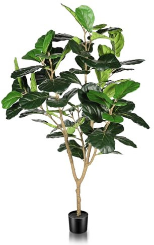 Feelead Higuera de hoja de violín sintética, plantas artificiales de ficus lyrata de 5 pies para interiores con hojas verdes y tallos, árbol de hoja de higuera falsa para regalo de inauguración de la