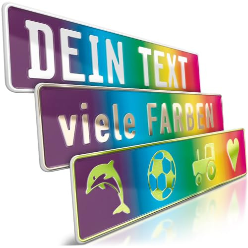1 Fun-Schild geprägt | Regenbogen mit Wunschtext bis zu 16 Zeichen | Individuelles Fun-Kennzeichen aus Aluminium | Namensschild Rainbow | Auto-Kennzeichen | Optional Löcher & Saugnäpfe