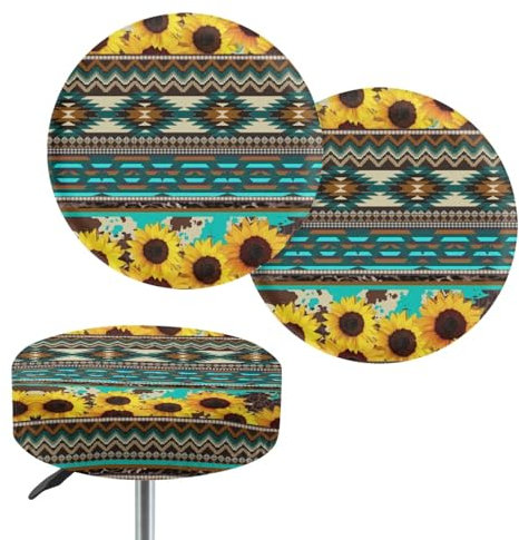 Wanyint Tribal Sonnenblumen-Druck Hockerbezüge, rund, super atmungsaktiv, Barhocker-Bezug, Vanity-Sitzkissen, 33-38,1 cm, Sattelhocker-Bezug für 2 Stühle