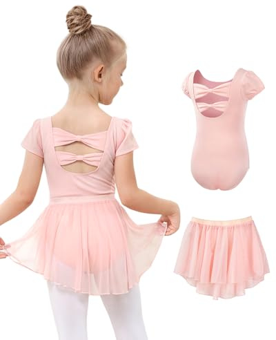 JiAmy Ropa de ballet para niña, vestido de ballet para niña, traje de ballet, de algodón, manga corta, maillot de ballet, traje de baile, body de danza + falda envolvente de gasa, falda tutú, vestido