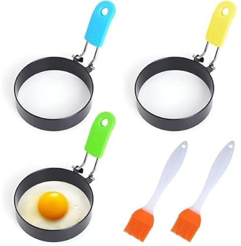 Spiegeleiform, 3 Stück Pancake Form, Edelstahl Ei Ring Antihaft mit Faltbar Silikongriff Silikonbürste für Spiegelei Pfannkuchen Omeletts (7,5cm)