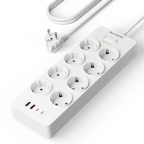 AICODE Mehrfachsteckdose,8 Fach Steckdosenleiste mit USB C(4000W & 1050J),Überspannungsschutz, Wandmontage,Steckerleiste mit 3M Verlängerungskabel, Kindersicherung für Laptop,TV,Smartphone (Weiß)