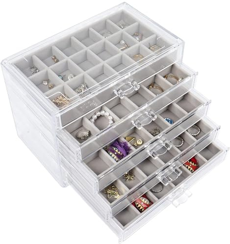 Accmuzzy Acryl Schmuck Organizer,Schmuckaufbewahrung für Damen,Durchsichtige Schmuckaufbewahrung Schmuckkästchen Schmuckbox mit Schubladen für Ohrringe, Ringe (5 Schubladen Grau)