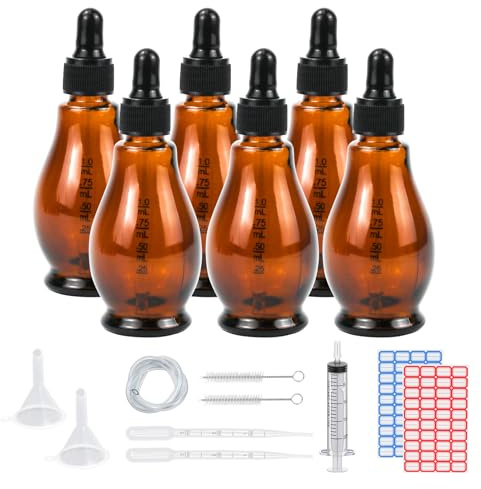 Episkey 6Stk Pipettenflasche Glasflasche 50ml, Apothekerglas Tropfflasche Birnenform Bernsteinglas Set mit schwarzer Pipettenkappe&Hilfszubehör für Ätherische Öle Parfüm Lösungen DIY (Braun 50ml)