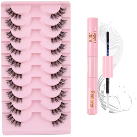 Glowing Win Halbe Wimpern mit Kleber 10 Paar Falsche Wimpern Set Cat Eye | Clear Band Half Lashes, with Bond&Remover, Fake Lashes Natural Künstliche Wimpern Katzenauge Wiederverwendbar, Handgefertigt