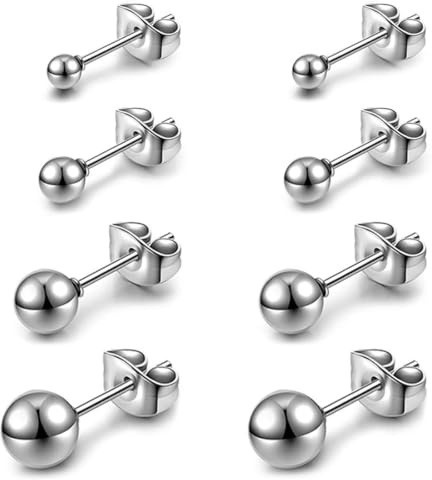 EAVUYIS 4 Paires de boucles d'oreilles pour femmes Petites boucles d'oreilles rondes pour femmes Acier au titane Boule d'oreille Petite boule d'oreille pour filles, 2 mm/3 mm/4 mm/5 mm