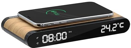 mooov 477349 - Reloj Despertador Digital Efecto Madera con Base de Carga inalámbrica, Cargador inalámbrico 15W para Smartphone, Despertador silencioso con Temperatura Interior