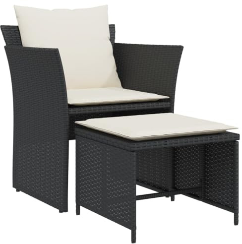 vidaXL Gartenstuhl mit Fußhocker, Gartensessel mit Kissen Stahlrahmen, Stuhl Sessel für Garten Terrasse, Gartenmöbel, Schwarz Poly Rattan