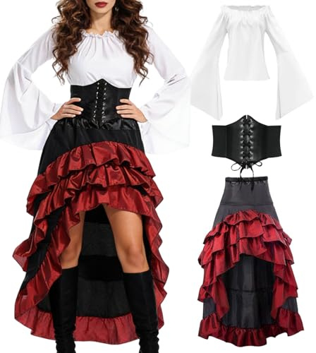 minkasic Mittelalter Piratenkostüm Set Mittelalter Kleid Damen mit Piraten Korsett Oberteil Rock Faschingskostüm für Halloween Karneval Cosplay