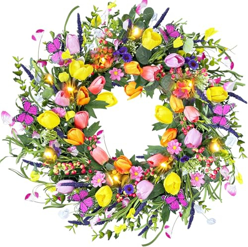 Cacise Künstlicher LED-Tulpenkranz mit LED-Lichtern, 61 cm, für Frühling und Sommer, Mehrfarbig, für Ostern, Feiertage und Feiern