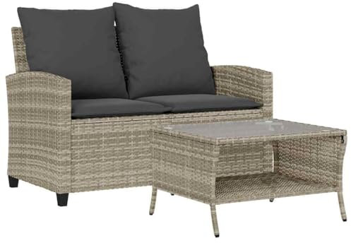 vidaXL Gartensofa 2-Sitzer mit Kissen & Tisch Hellgrau Poly Rattan, Outdoor Sofa, Terrassensofa, Zweisitzer Gartensofa, Garten Sofa