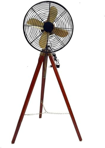 ANTIQUEMEDIEVAL Antique Electric Floor Fan with Wooden Tripod Stand, Brown
