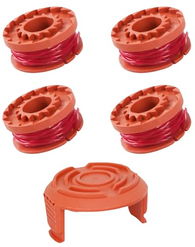 Linea di bobine di ricambio per tagliabordi compatibile con Worx WA0010, tappo di alimentazione automatica Weed Eater String, linea per tagliabordi senza filo (4 bobine, 1 cappuccio bobina)