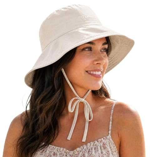 Shyllin Chapeau Femme Soleil, Chapeau de Plage avec Cordon Coupe-Vent, Large Bord, Léger et Respirant, Chapeau Anti UV Femme pour La Plage, Les Voyages, Le Jardinage (FR/ES, Numérique, 58, Beige)
