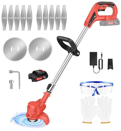 21V Coupe Bordure sans Fil avec Batterie, Coupe-Herbe électrique,Débroussailleuse à Gazon sans balais,Tête Orientable à 90°, Hauteur Réglable(1xbatterie /Rouge)