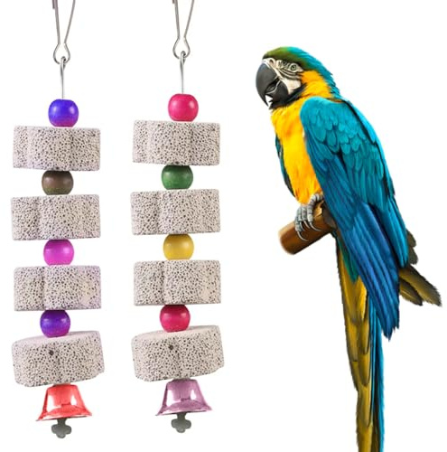 Ruayia Vogel Kauspielzeug, 2 Stück Vogelschnabel-Schleifstein mit Glocke, Papageienschnabel-Schleifstein für Kakadu Wellensittich Sittich Nymphensittich Lovebird, Hängende Schaukel Vogelkäfig-Zubehör