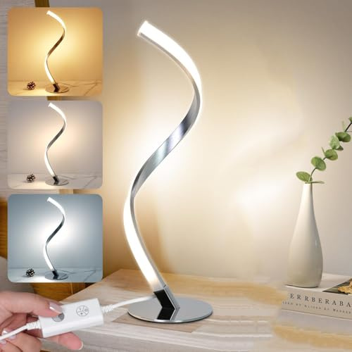 LOGT LED Spiral Tischlampe Nachttischlampe Dimmbar Innen Tischleuchte Spiral Designer Modern S Förmige Dekolampe mit Kabel Schalter Gebogene Leselampe Augenschutz Schreibtischlampe 3 Farbmodi
