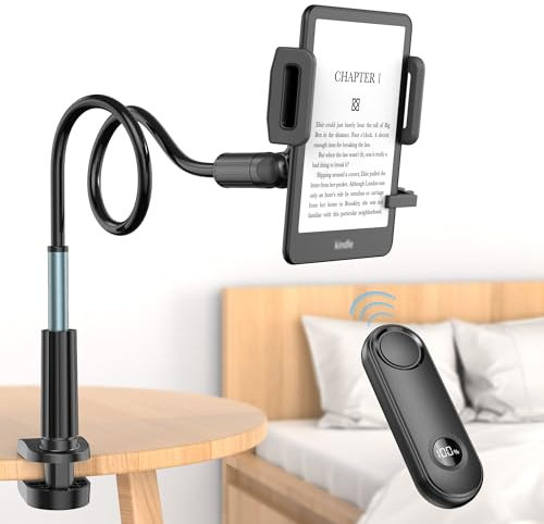 PlusAcc Soporte para Kindle con volteador de páginas remoto - Soporte ajustable para leer en la cama, escritorio manos libres, brazo perezoso con clic para accesorios Kindle, para teléfonos