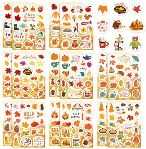 Herbst Aufkleber für Kinder, 16 Stück Herbst Sticker mit Kürbis, Ahornblatt Und Igel Mustern, für Scrapbooking Und Karte Zum Basteln, Herbstdeko Aufkleber für Thanksgiving Und Herbstfest