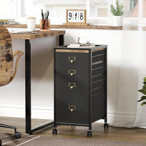 Mobiler aktenschrank mit 4 Stoff-Schublade,Büroschrank mit 4 Rollen,Vertikaler Aktenschrank für A4 oder Letter Format, Rollender Druckerständer, Home Office Aktenschrank Organizer, 30x38x67cm,Schwarz