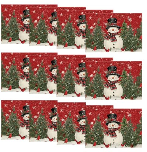 Artoid Mode Schneemann Rot Schals Kiefern Weihnachten Platzsets 12er Set, 30x45cm Urlaub Tischsets Waschbar Platzdeckchen Küche Party Deko