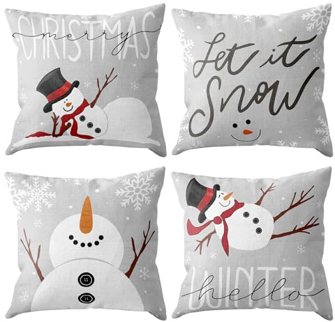 Set Di 4 Federe Per Cuscino Natalizio,Grigio Lino Federe Cuscini Natalizi Divano 45x45,Pupazzo Di Neve Copricuscini Divano Addobbi Natalizi Per La Casa e Soggiorno Letto Esterni Decorazioni Natalizie