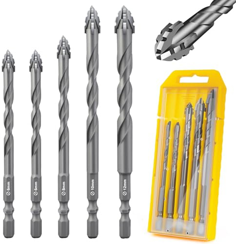 Flintronic Punte per Piastrelle, 5 Pezzi Set di Esagonale Set Punte Trapano, Punte-Trapano Ø6-12mm per Forare Piastrelle, Vetro, Ceramica, Porcellana, Legno, Specchi e Muratura