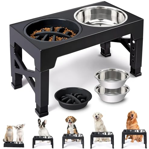 Elevated Dog Bowls with a Slow-feeder Bowl Adjustable to 5 Heights (3”, 9”, 10”, 11”, 12”) for Small, Medium, and Large Dogs - Black
