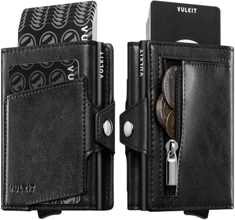 VULKIT Cartera Tarjetero para Hombre – Billetera Compacta con Sistema Emergente para 10-12 Tarjetas, Bloqueo RFID, Ventana para ID, Ranura para Efectivo y Cremallera para Monedas