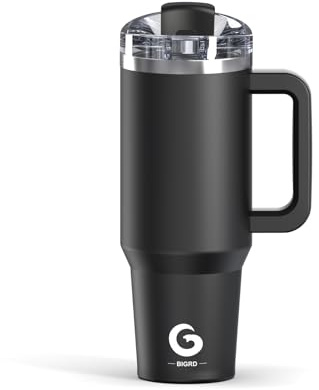 BIGRD Trinkflasche mit Strohhalm und Deckel Auslaufsicher Doppelwandiger Edelstahl 1.2L,Thermobecher Kaffeebecher To Go 6h heiß und 12h kalt,Schwarz